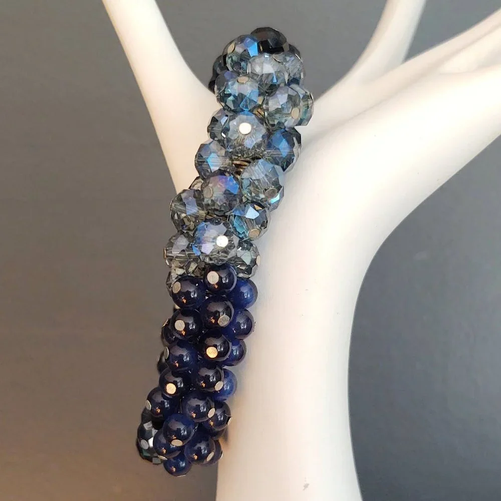 Blue glass and crystal beaded stretch bracelet